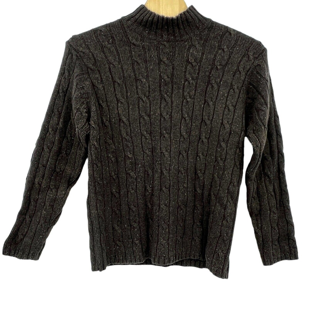 Vintage L.L. Bean Marled Brown Lambswool Blend Cable Knit Mock Neck Sweater XL T